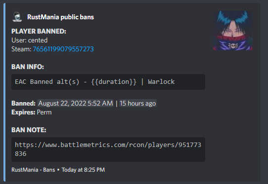 GitHub - alexemanuelol/Discord-BOT-Battlemetrics-Ban-Notifier: A bot that  uses the Battlemetrics API to poll information about recently banned  players and updates a discord servers 'wall of shame' text channel  automatically whenever it detect new