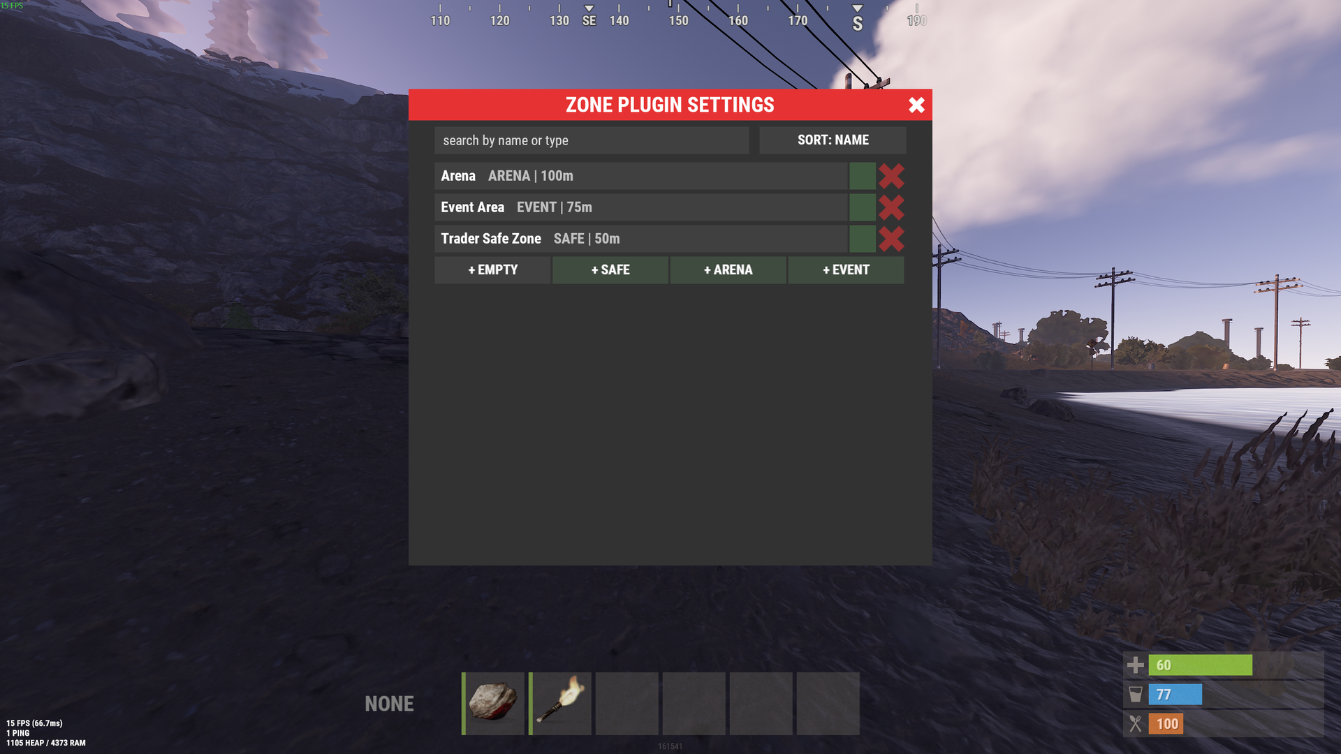 Every zone with its type and size, search, sorting and a teleport button on each row