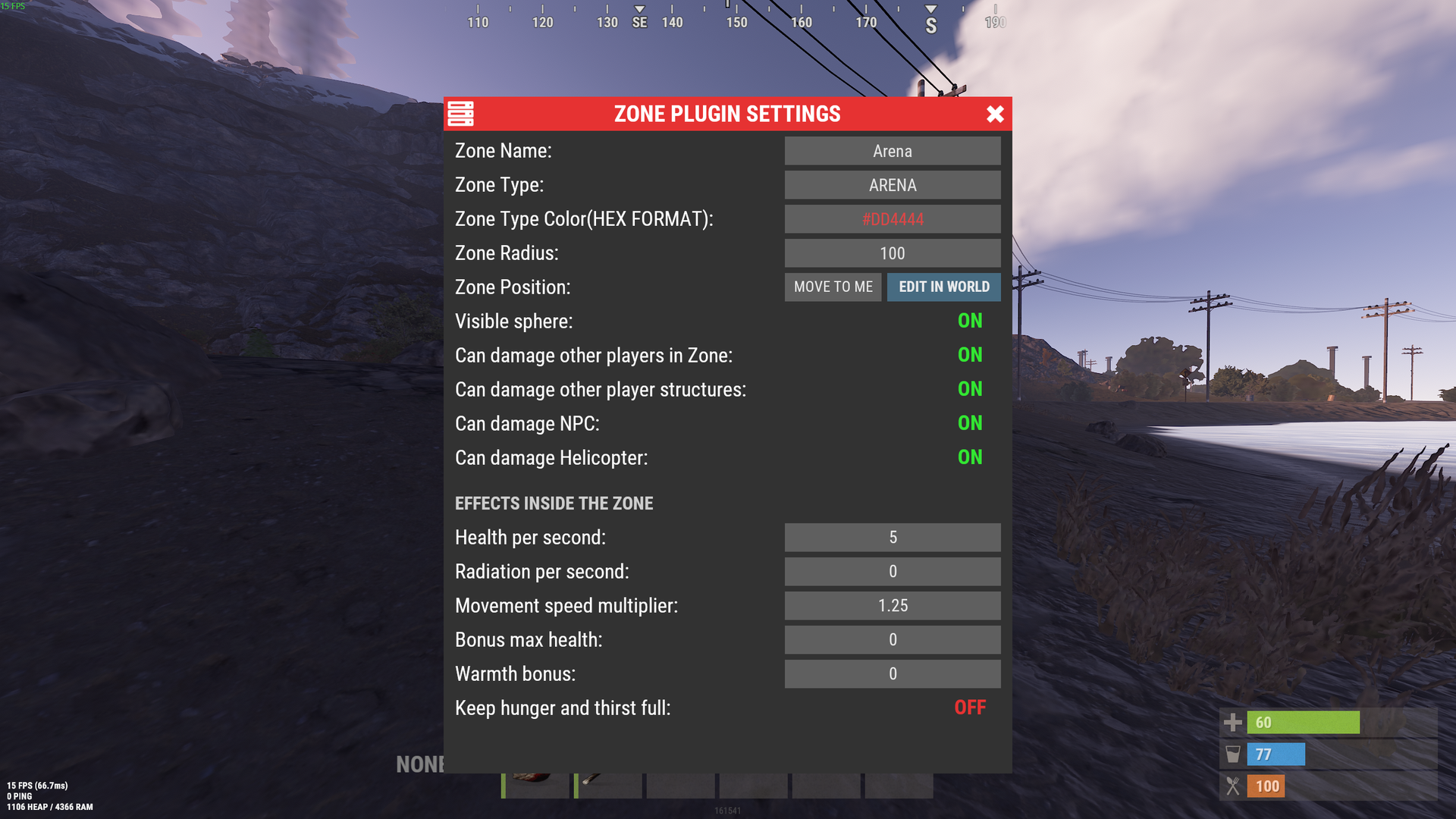 One screen per zone: damage rules on top, effects underneath, applied the moment you press them