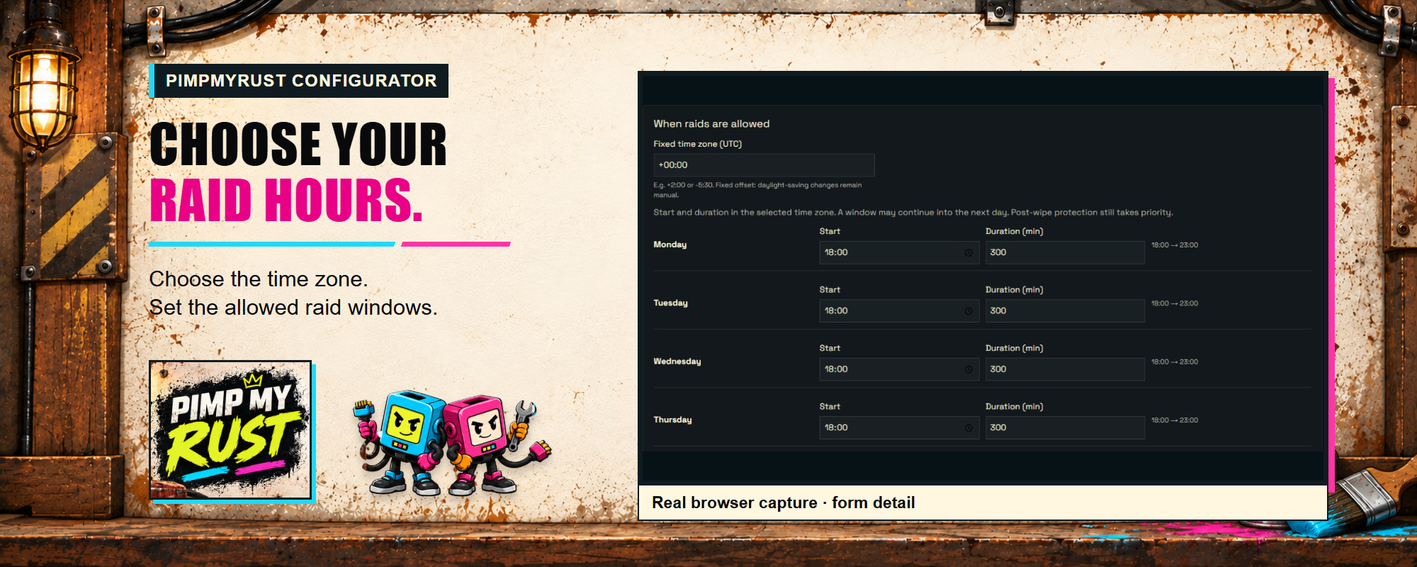 Configure raid hours on PimpMyRust — browser detail