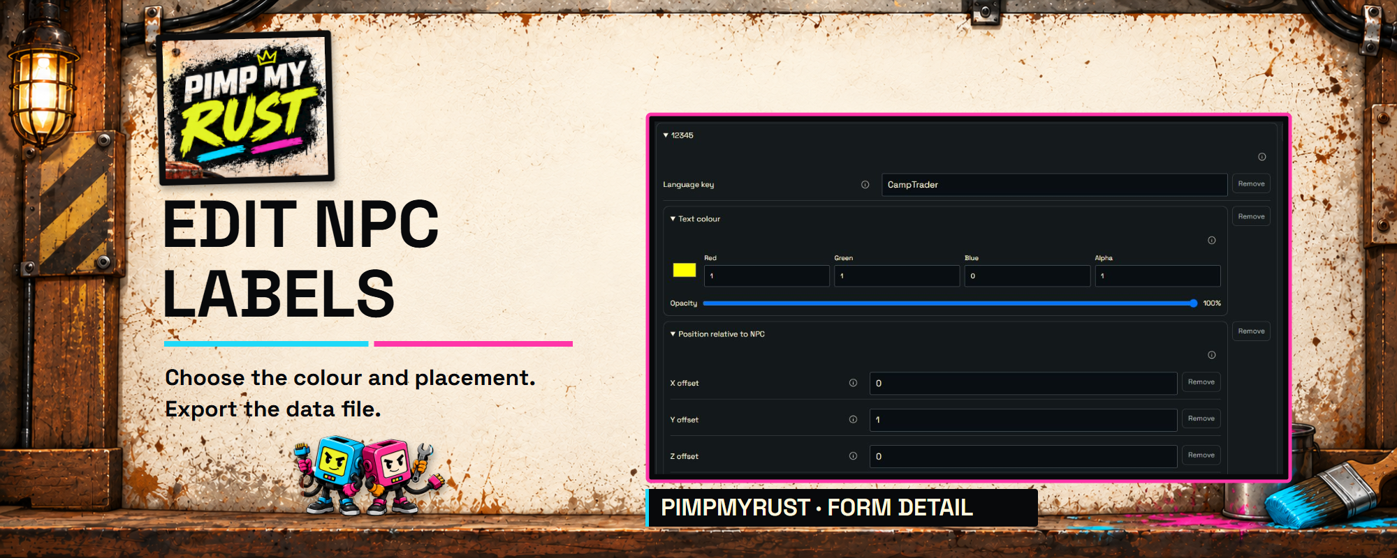 NPC Overlay on PimpMyRust: real form excerpt showing the language key, colour and position. NPC 12345 is a local example.