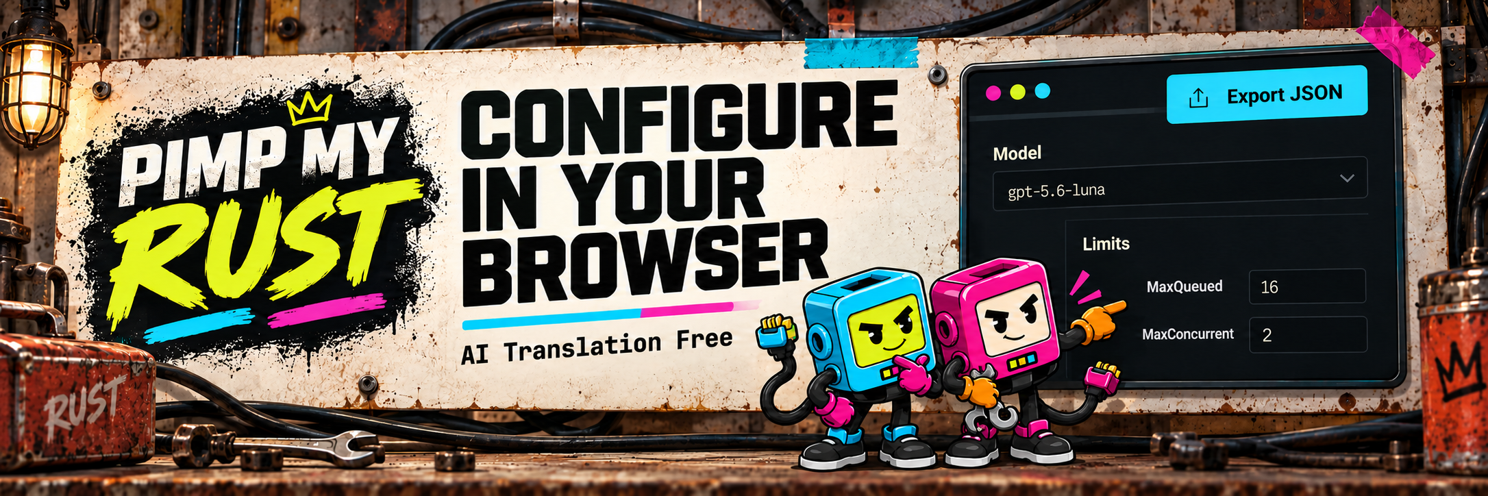 Illustrated PimpMyRust configurator for AI Translation Free: gpt-5.6-luna model, request limits and JSON export.