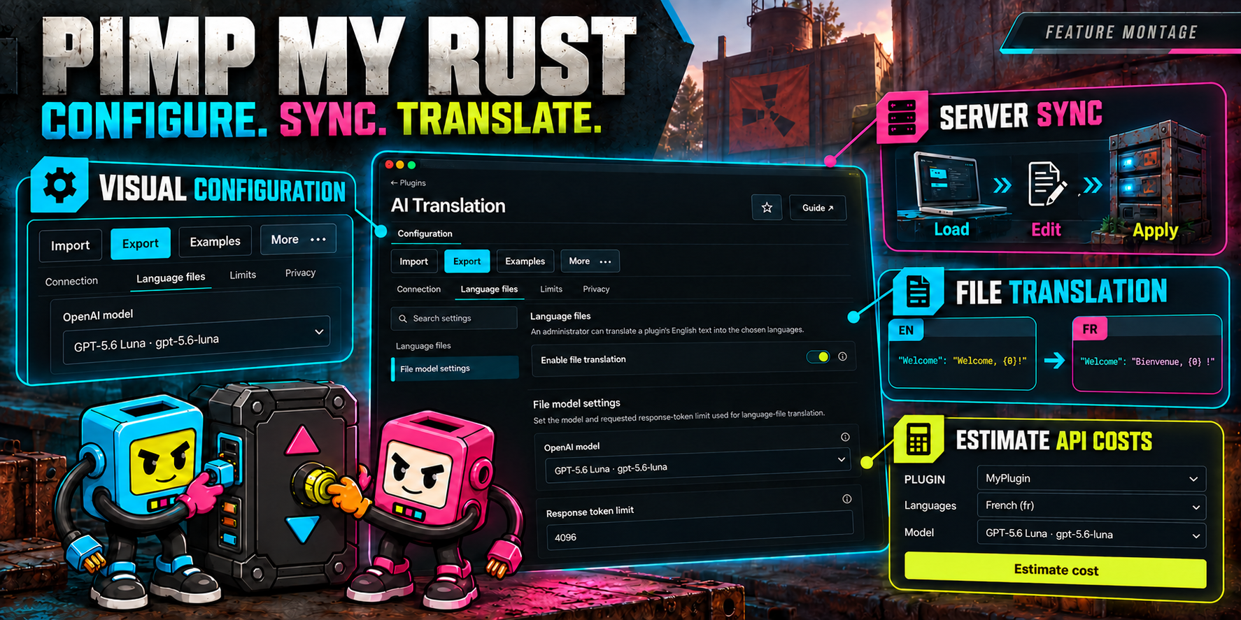 Illustrated PimpMyRust feature montage showing visual configuration, server synchronization, English-to-French file translation and API cost estimation