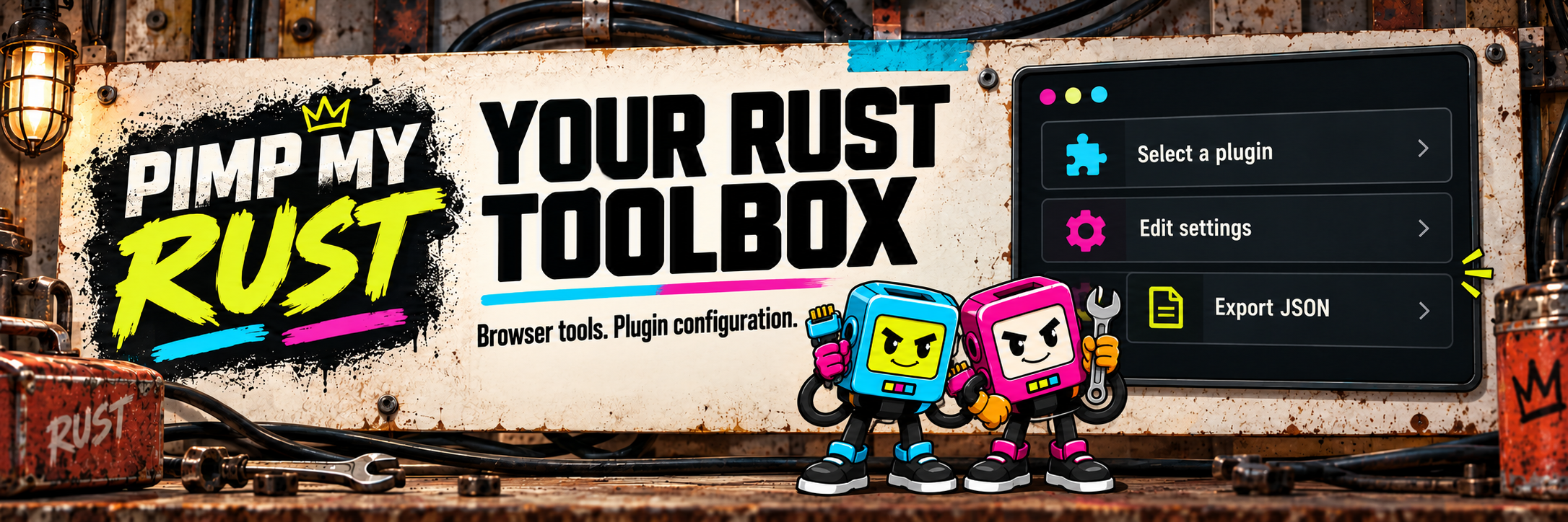 PimpMyRust browser tools. The adjacent link opens the separate Dialogs editor; Player Event States has no standalone configurator.