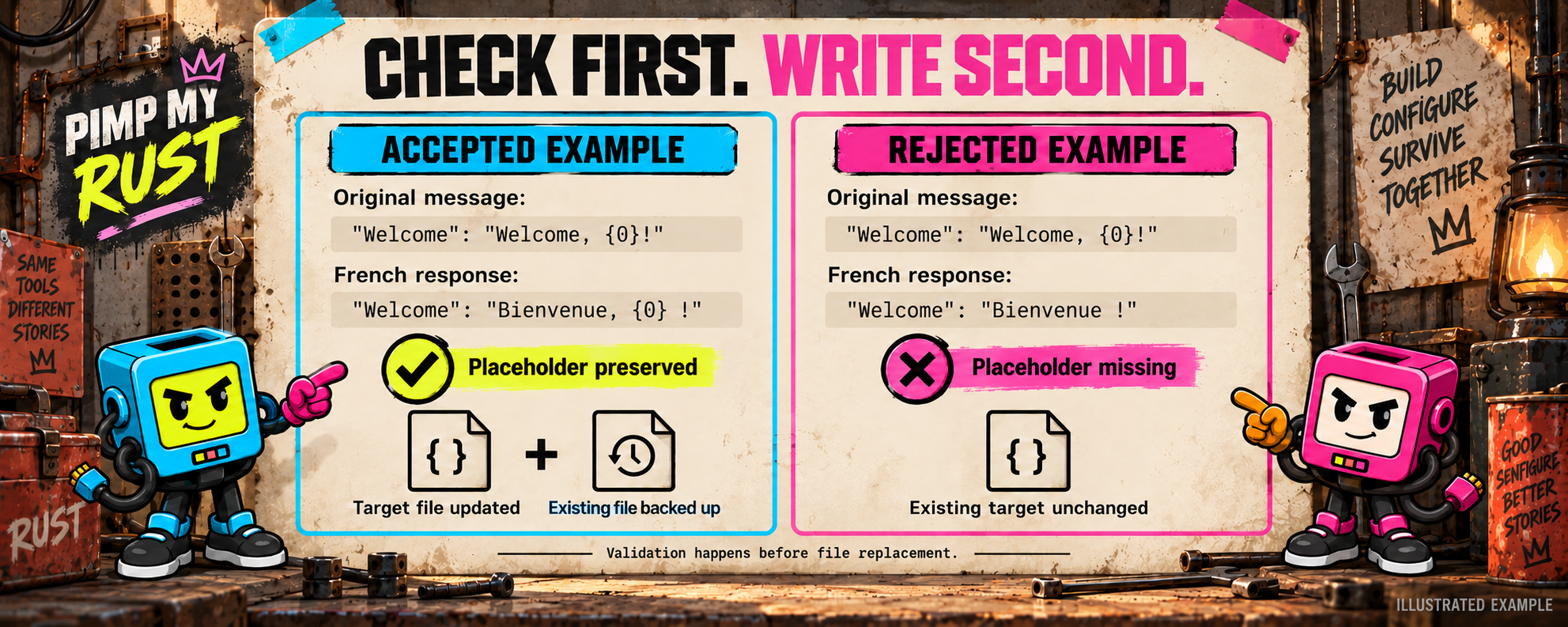 Illustrated file validation: the {0} placeholder is preserved in the accepted response. An existing target is backed up before replacement; a rejected response leaves it unchanged.